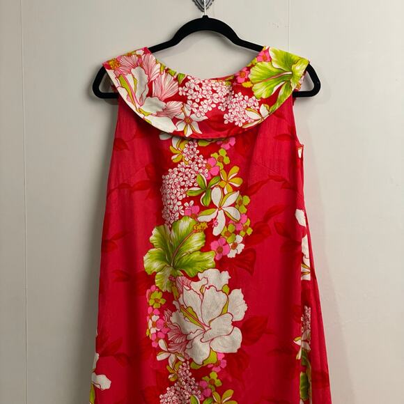 1960s Vintage Hawaiian M red white green tropical maxi dress REEF hibiscus - Picture 2 of 7